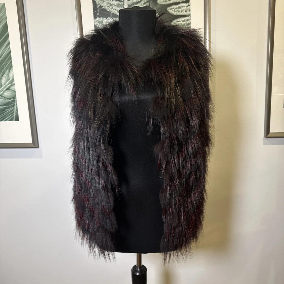 Halston Heritage Finland Silver Fox Fur Vest Size XS Suede Trim Burgundy Black - Image 2 of 4