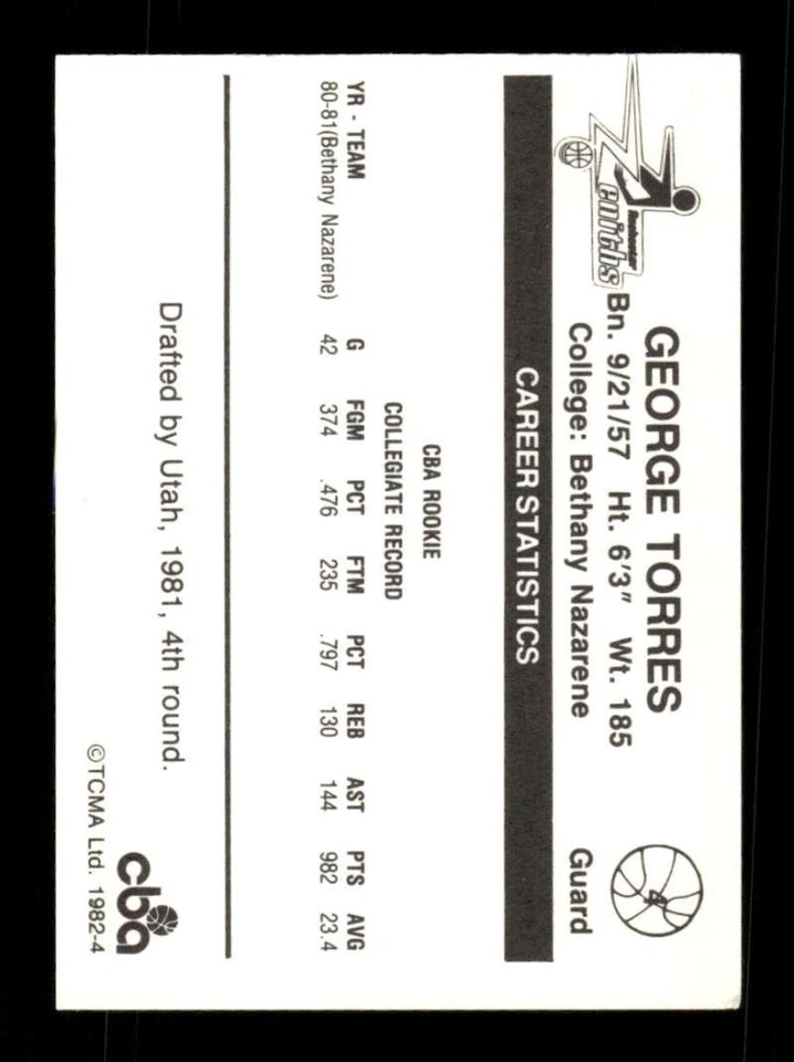 1981-82 TCMA CBA Rochester Zeniths 4 George Torres RC  famous player very rare E - Image 2 of 2