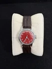 Vintage 1960s Timex Manual Wind 22mm Watch Red Dial Leather Strap Unisex