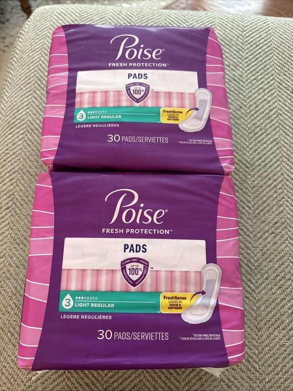2x POISE Pads Reg Length Level 3 Light 30-Ct 12HR Odor Protection 60 Pads Total