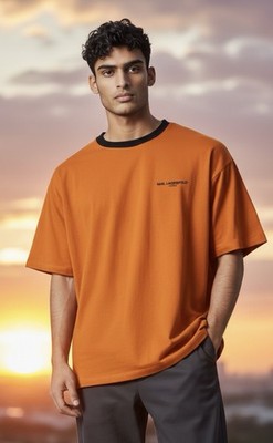 Pre-owned Karl Lagerfeld Orange Short-Sleeve Crewneck with Black Trim