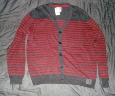 Express 100 Cotton Red Gray Striped Large Men  s Button Up Cardigan Sweater NEW