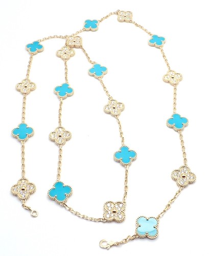 Van Cleef & Arpels 18k Yellow Gold 20 Motif Alhambra Diamond Turquoise Necklace - Picture 3 of 18