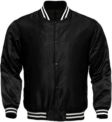 Men s Classic Black Satin Varsity Jacket   Baseball Letterman Bomber Style