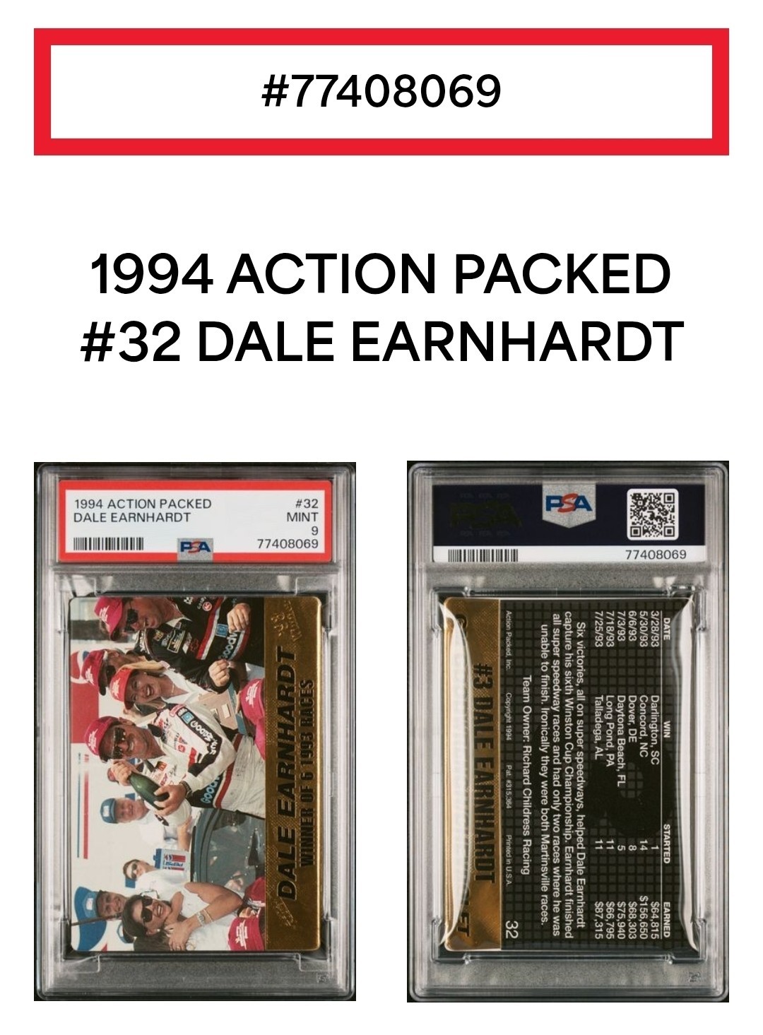 🏁 Dale EARNHARDT *Winner of 6 Races* PSA 9 1994 Action Packed #32 POP 6 🔥 view 4