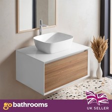 600mm Vanity Unit White Worktop Wall Hung Natural Oak Wood Effect Storage