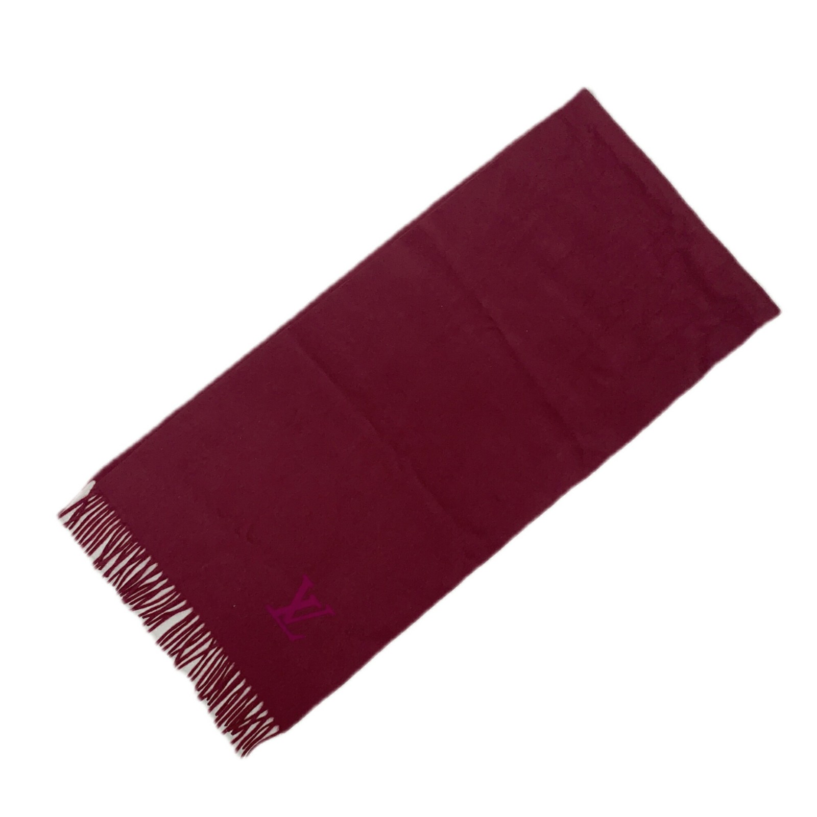 Louis Vuitton Wine Red Cashmere Scarf 34x55.9in Fringe Logo Pre-Owned