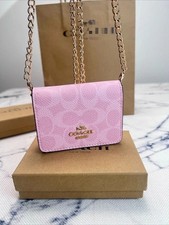 NWT COACH C6650 Mini Wallet on a Chain with In Signature Print Outlet 10*8*2cm
