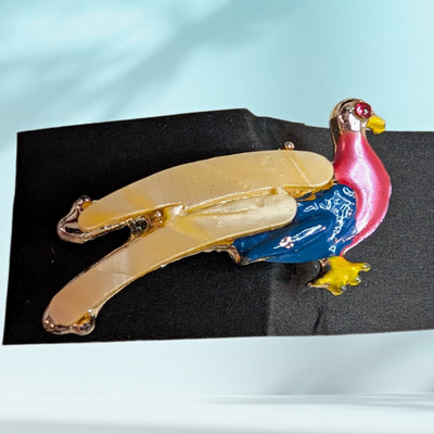 Vintage Gold Tone Enamel Bird Brooch Pin w/Multi-Colors & Red Crystal Eye