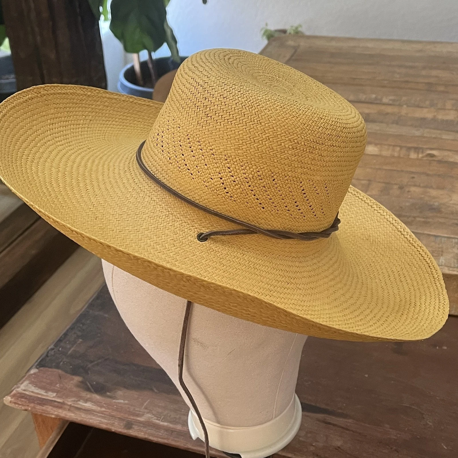 Panama Straw Sun Hat Women's Yellow 15" Wide Brim Leather Strap