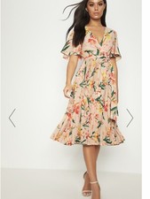 BNWT PRETTY LITTLE THING Pink Floral Pleated Belted Midi Dress UK10