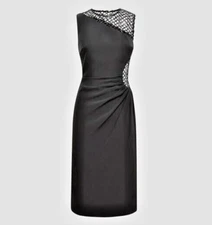 Halston Kenda Black Sleeveless Sequin Net Crepe Sheath Cocktail Dress USA Size 8