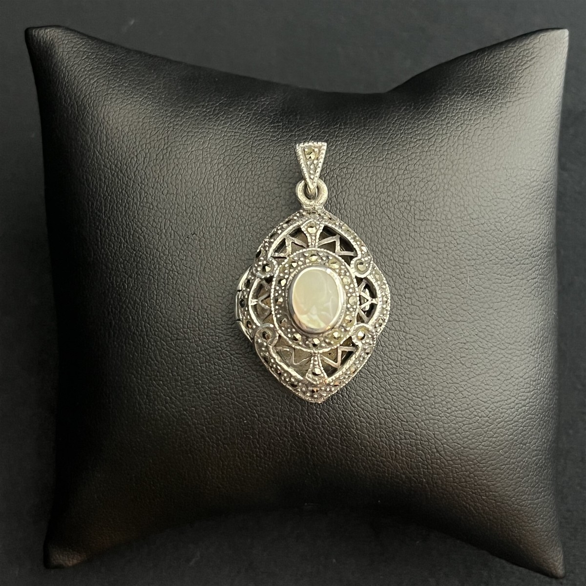Vintage Art Deco Mother of Pearl Marcasite Sterling Silver Photo Locket  Pendant