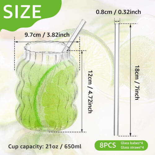 8Pcs 650ml Ribbed Glass Cups Set Creative Wavy Drinking Glasses Clear gufqQ