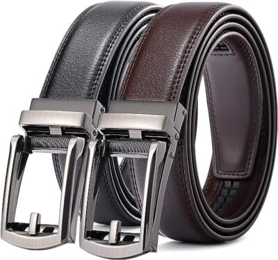 28 -48  Men's Leather Ratchet Dress Belts Automatic Buckle Click Sliding Belt