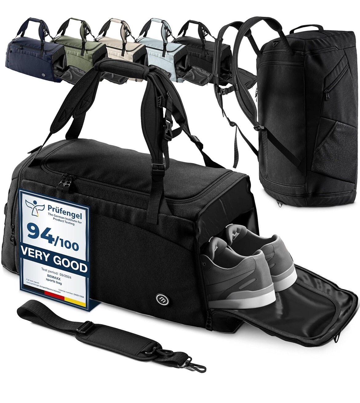 Bolsa de deporte de lona para gimnasio + función mochila, compartimento para zapatos