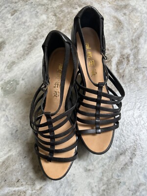 VOGUL Cage Platform Black Leather Suede Wedge Heels Sandals Ladies  10 M