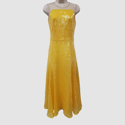 $5990 Akris Women's Yellow Silk Sequined Tulle Illusion Silk Midi Dress Size 4