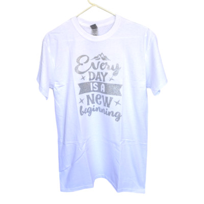 Womens Tee ''Every Day Is A New Beginning'' - Silver Sparkle Lettering - Size M