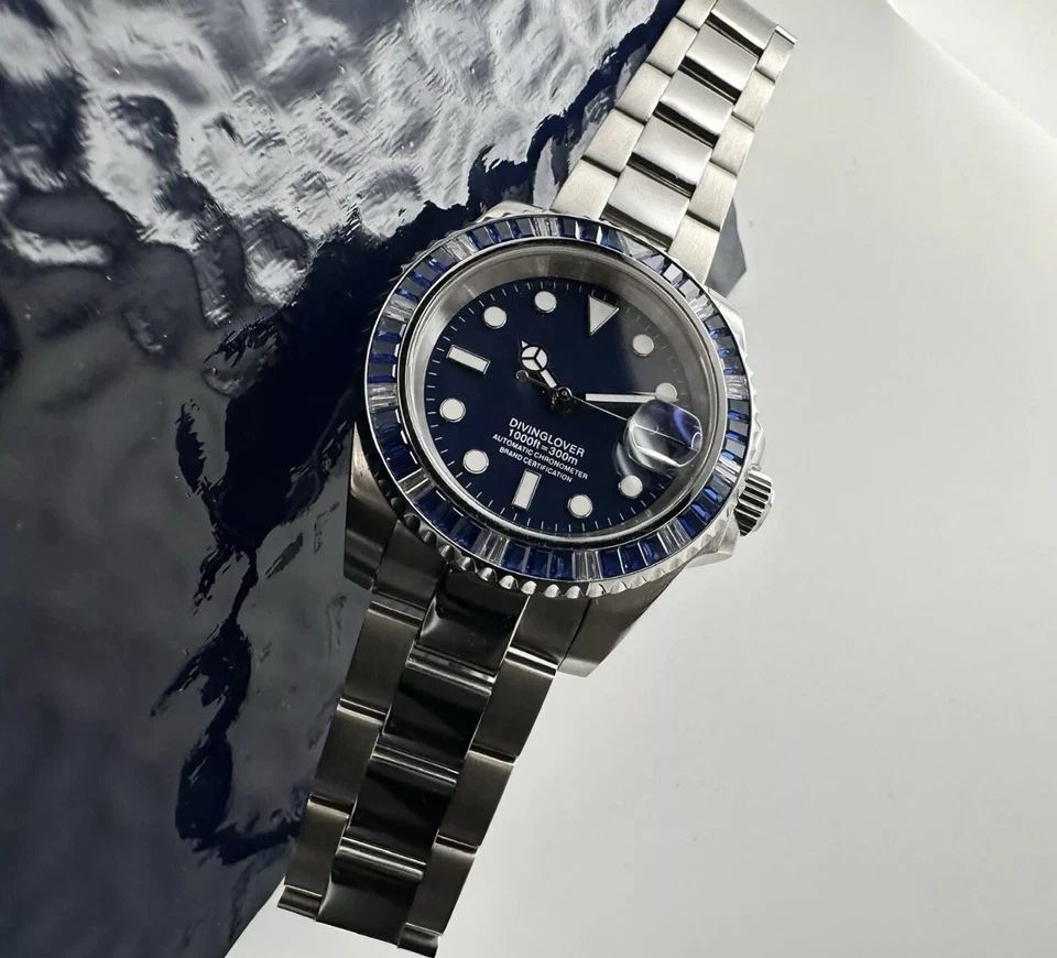 Reloj Personalizado 40mm Esfera Azul Zafiro Gemas Buzo Mod NH35 Automático Foto 2 de 3