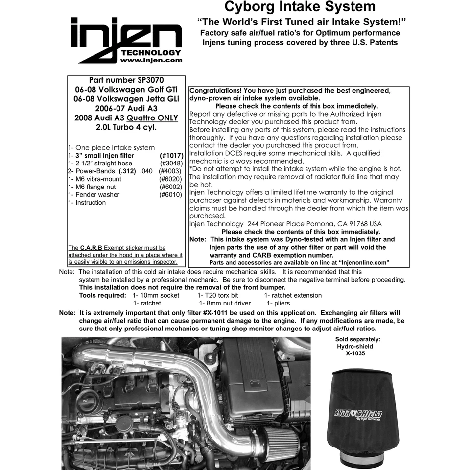 Injen SP3070BLK entrada de ar frio ram curta de alumínio para 06-08 Audi A3 / GTI 2.0L - Imagem 4 de 4