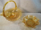 Vintage Fenton Basket Amber Ruffled Hobnail Handmade MCM w Small Candy Dish