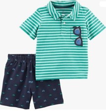 Boys Sunglass Pocket Polo Short Set Outfit 2 pc Set Shirt Collar Shirt 3M