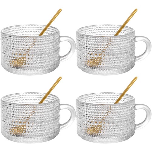 Set of 4 Glass Coffee Mugs 14 Oz Clear Glass Cups with Golden Spoons Vintage ... - Picture 9 of 9