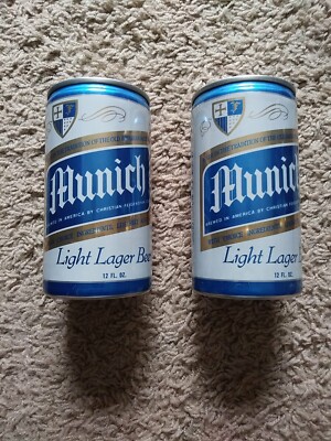2 Munich Light Lager EMPTY Beer Cans ALUMINUM - CHRISTIAN FEIGENSPAN CRANSTON RI