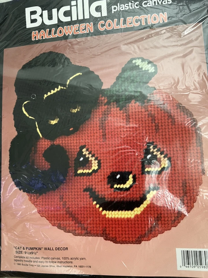 Kit Punto de Cruz Bucilla Lona Plástica Colección Halloween Gato y Calabaza Nuevo de Lote Antiguo Foto 2 de 4