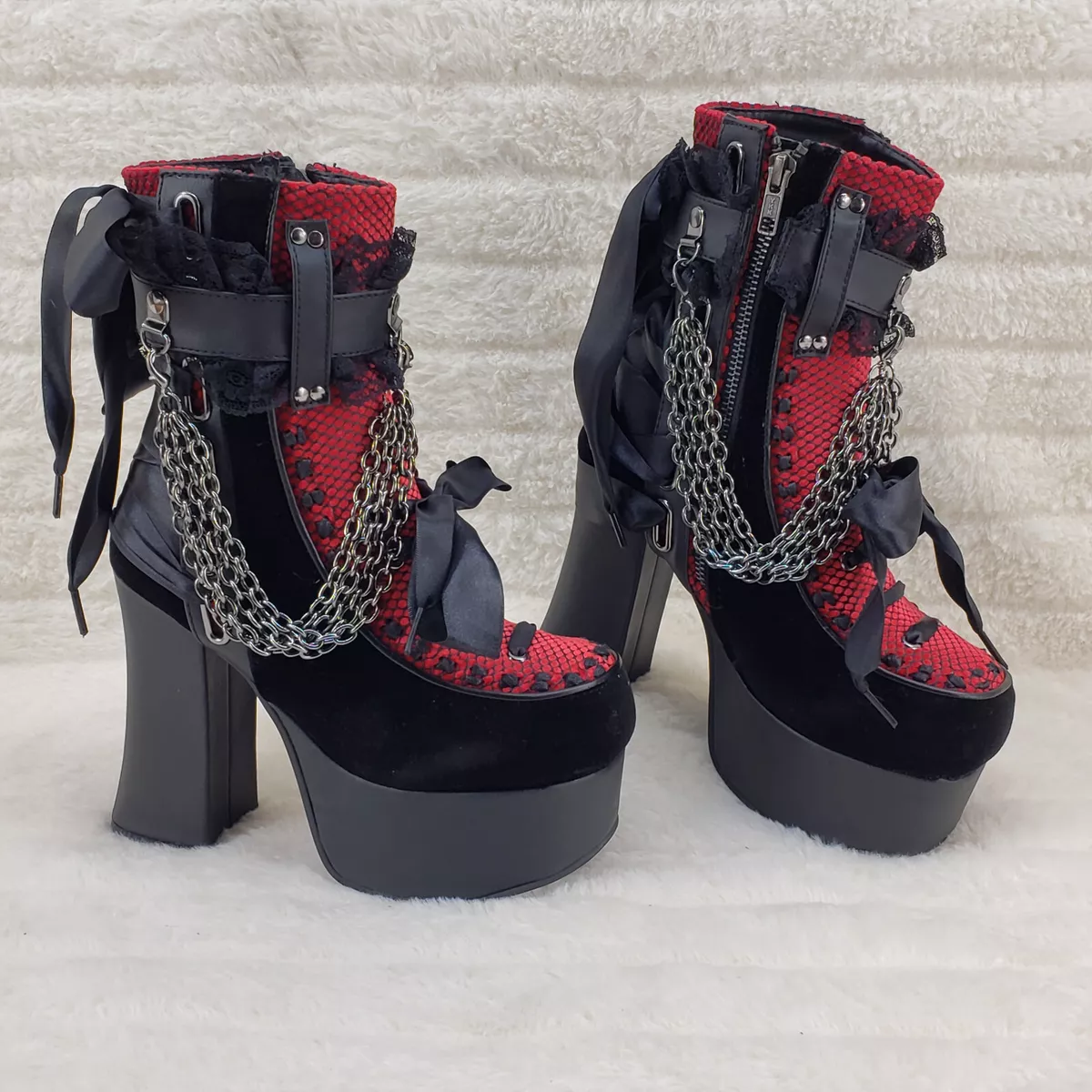 Charade Red and Black Lace Accent Ankle Boots