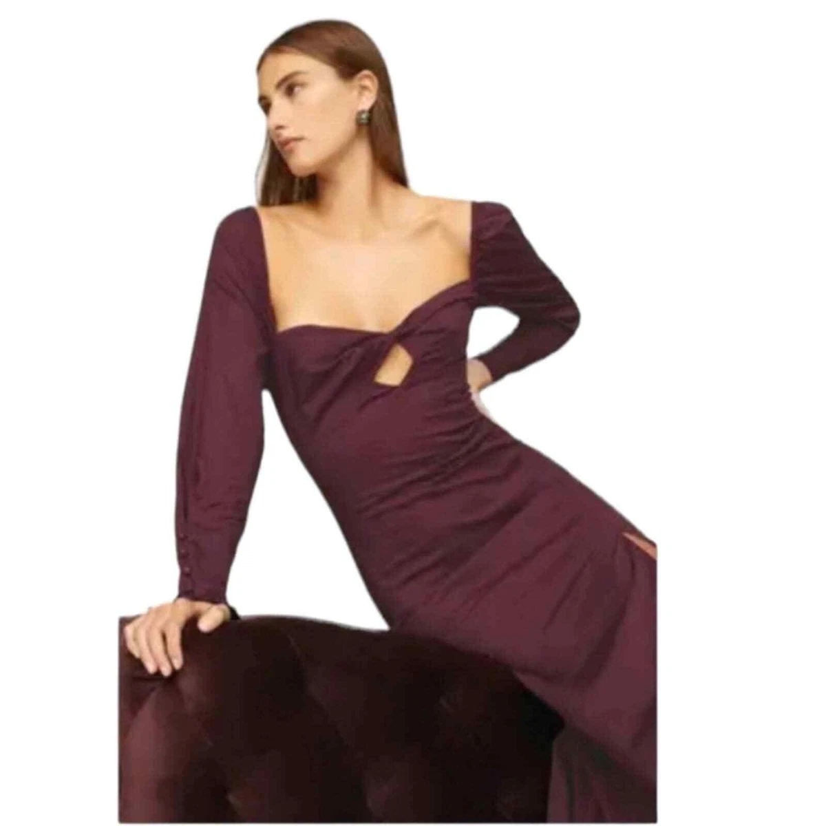 Staud Josephine Cut Out Maxi Dress in Plum Leg Slit Sweetheart