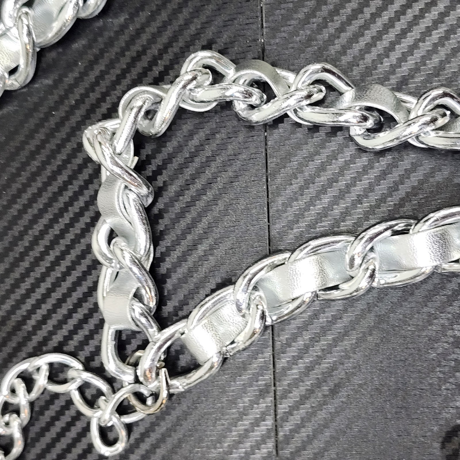 Silver Chain Link And Faux Leather Belt Sash Purse Strap Fashion Jewelery 72" image 4