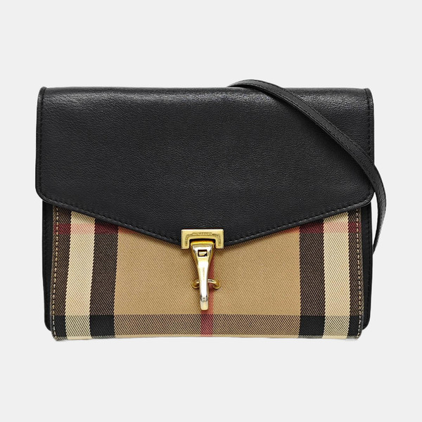 Auth BURBERRY Macken Check Beige Canvas Black Leather Small Shoulder Crossbody
