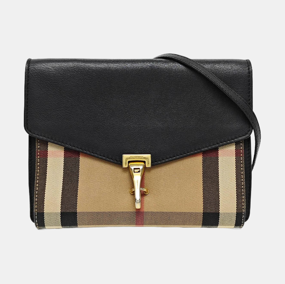 Auth BURBERRY Macken Check Beige Canvas Black Leather Small Shoulder Crossbody