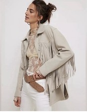 Free People Fringed Out Suede Jacket We The Free Pocket Slouchy Dove Ivory M NWT