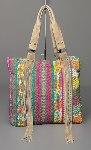 World Market Woven Boho Tote Shoulder Bag Leather Fringe Multicolor Made India
