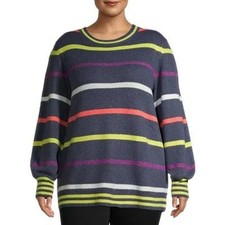 NWOT Women's Plus Chunky Colorful Striped Knit Pullover Balloon Sleeve Sweater