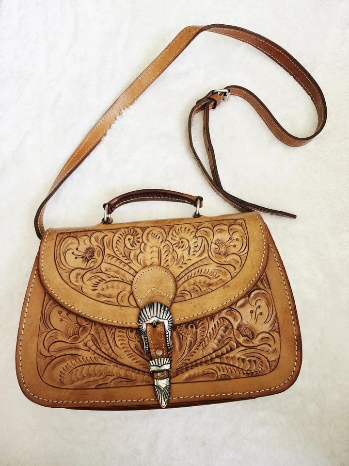 Bandolera boho vintage de cuero tostada floral occidental suroeste Foto 4 de 4