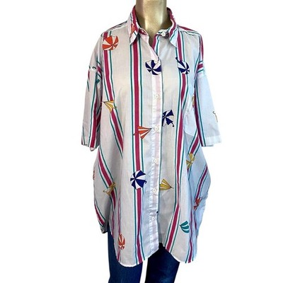 Vtg Laura Katherine 20W Shirt Button Up Beach Umbrella Strip Plue Size 80s 90s