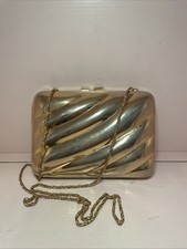 Vtg Small Evening Gold Hard Case Clutch Purse with Gold Chain Vintage Handbag