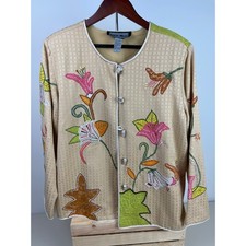 Indigo Moon QVC Khaki Floral Embroidered Jacket Womens Medium