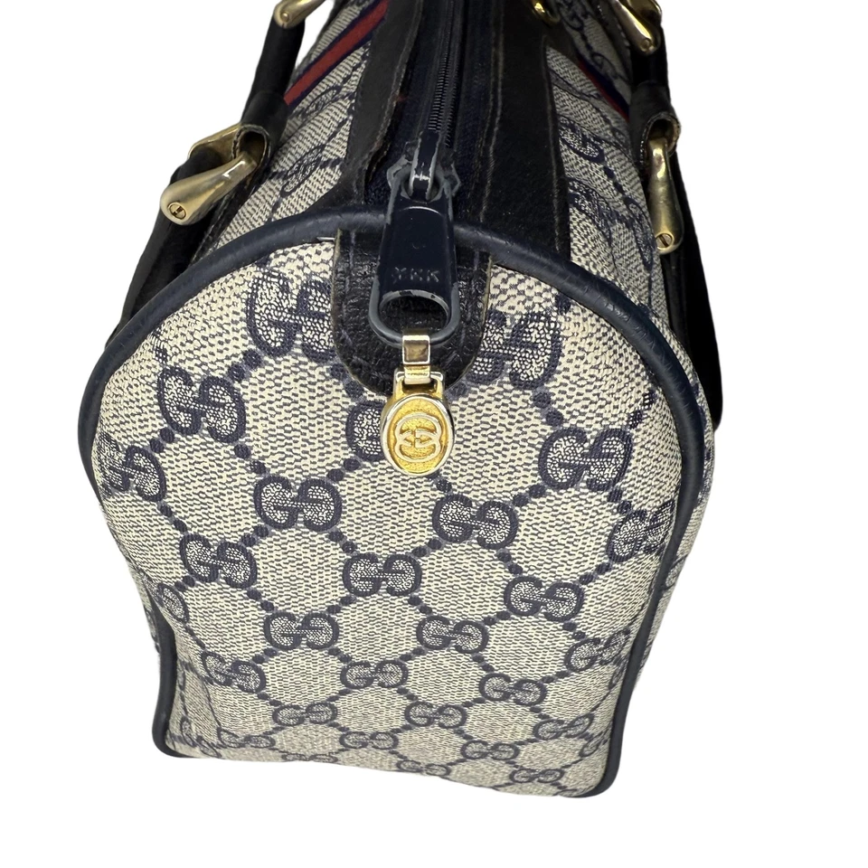 Bolso Gucci Boston para mujer azul gris vintage monograma tela rayas asa superior Foto 3 de 4
