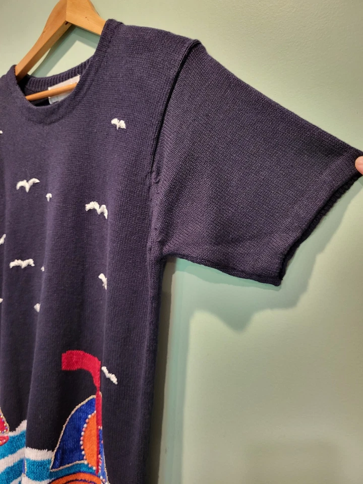 全新 Victoria Harbour 短袖串珠帆船毛衣 尺寸 M 沿海航海 — 第 3/4 张图片