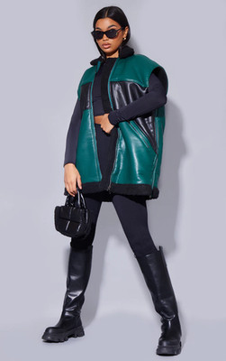 NWT PrettyLittleThing Green Unisex Panel Borg Lined Oversized Gilet Vest Size XS