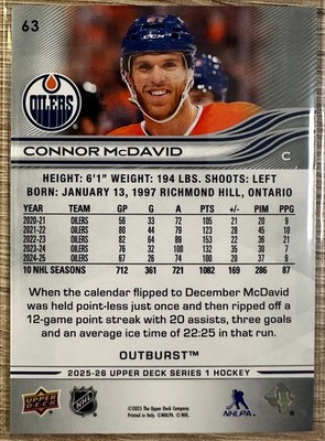 CONNOR MCDAVID 2025-26 UPPER DECK SERIES 1 OUTBURST SP PARALLEL