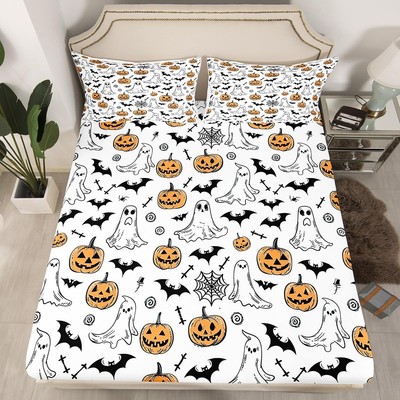 Halloween Fitted Twin Size Ghosts Bedding Set for Boys Girls Teens Spiders Be...