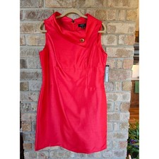 Tahari 14P Petite Red Sleeveless Sheath Dress Collared Button Detail Career NEW
