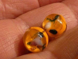ANTIQUE JAPANESE TOMBO ORANGE COLOR INSET FLORAL GLASS DESIGNER BEADS 8.7 MM