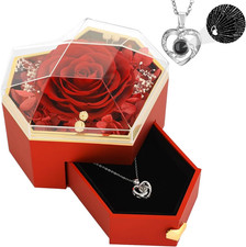 Preserved Rose Gifts for Women, Eternal Flower Rose Box with Heart Necklace, Rom